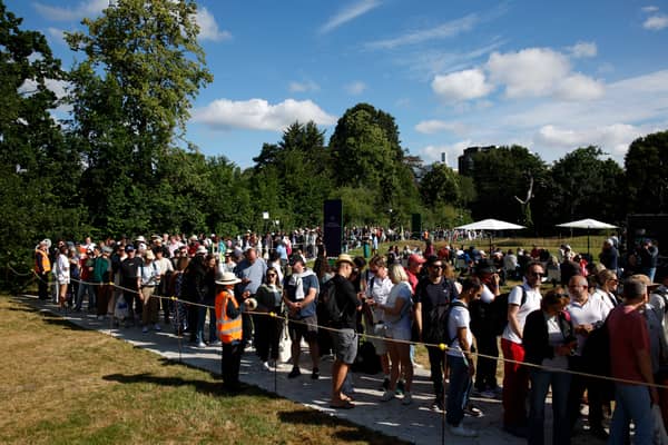 Spectators queue in Wimbledon park ahead of day one of The Championships Wimbledon 2024 at All England Lawn Tennis and Croquet Club on July 01, 2024 in London, England. (Photo by Adam Pretty/Getty Images)