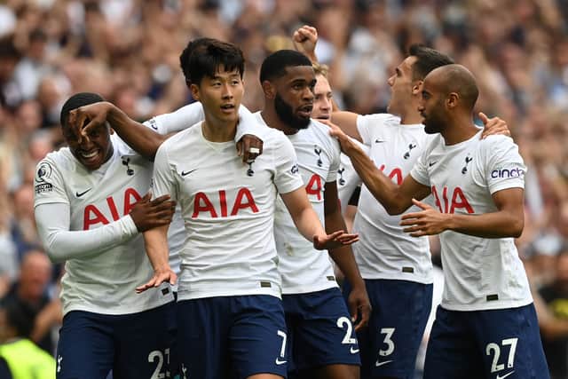 Son celebrated with team mates after scoring against Manchester City in the opening game of the Premier League season. Credit: Getty Images