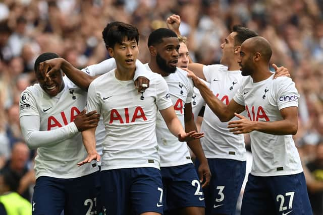 Son celebrated with team mates after scoring against Manchester City in the opening game of the Premier League season. Credit: Getty Images 