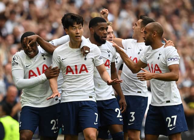 Son celebrated with team mates after scoring against Manchester City in the opening game of the Premier League season. Credit: Getty Images 