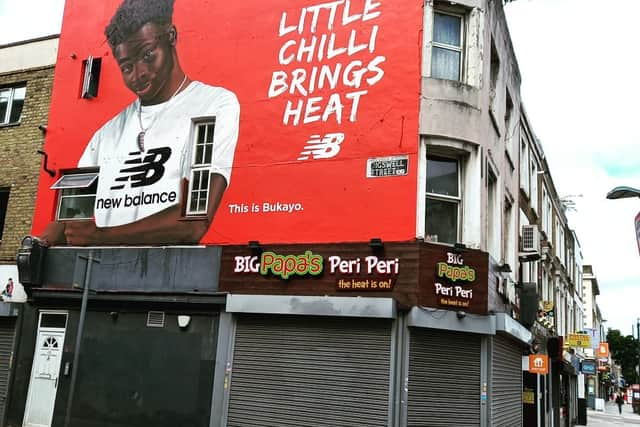 The new mural for Bukayo Saka off Holloway Road, in Islington, North London. Credit: Big Papa’s Peri Peri