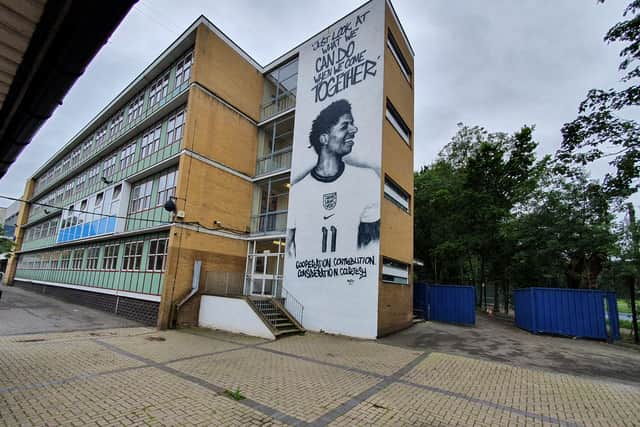 The new mural of Marcus Rashford on the side of the admin block of Highgate Wood Secondary School, in Crouch End. Credit: Highgate Wood Secondary School,
