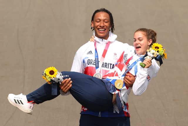 Peckham’s Kye Whyte celebrating his BMX silver medal with gold medalist Bethany Shriever of Team Great Britain in Tokyo. Credit: Ezra Shaw/Getty Images