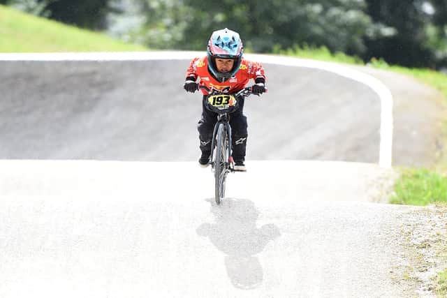 A young BMX rider in action during a BMX event held at the Peckham track. Credit: Harriet Lander/Getty Images for National Lottery