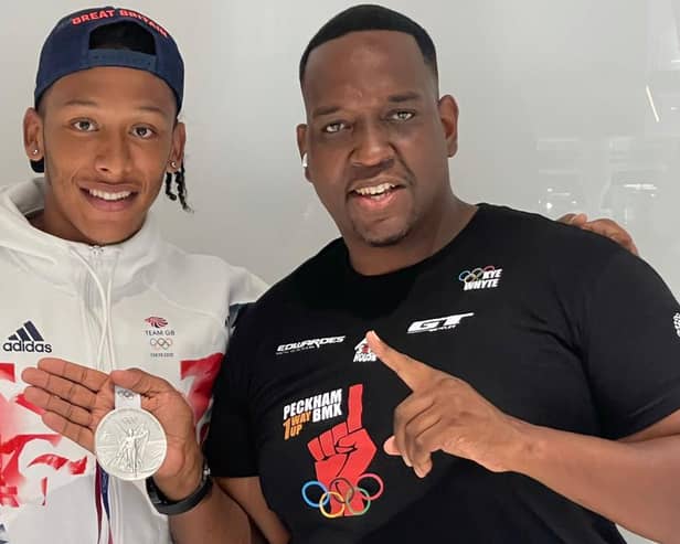 Olympics silver medallist Kye Whyte with his coach from Peckham BMX CK Flash. Credit: CK Flash