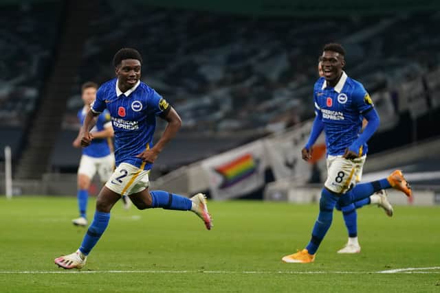Tariq Lamptey of Brighton and Hove Albion celebrates after scoring his sides first goal against Tottenham  (Photo by John Walton -