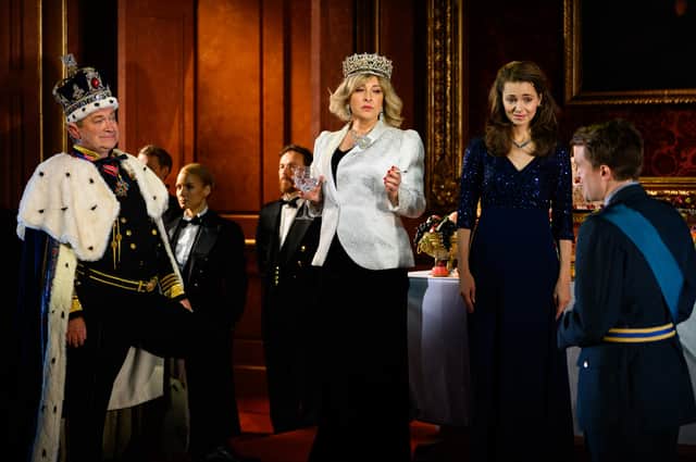 Harry Enfield as Prince Charles, Tracy-Ann Oberman as Camilla, Kara Tointon as Catherine and Ciaran Owens as Prince William in The Windsors: Endgame at Prince of Wales Theatre. Credit: Joe Maher/Getty Images