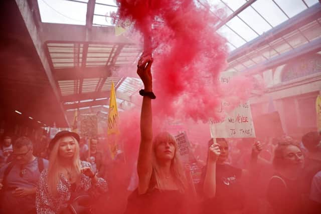 A climate activist from the Extinction Rebellion lets off a smoke bomb at a gathering for a National Animal Rights March at Smithfield Market in London. Credit: TOLGA AKMEN/AFP via Getty Images