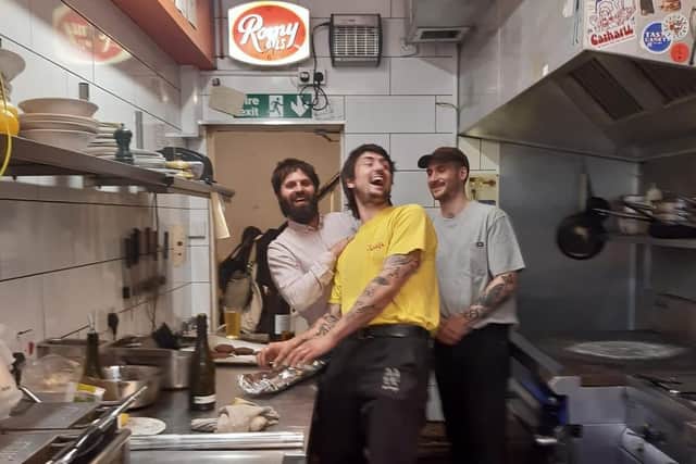 The last Four Legs shift - Jamie, left, and Ed, centre - at the Compton Arms. Credit: Four Legs