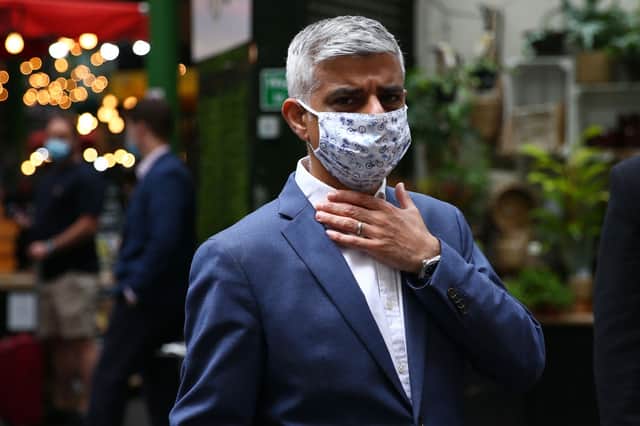 Mayor of London Sadiq Khan wearing a face mask. Credit: Hollie Adams/Getty Images
