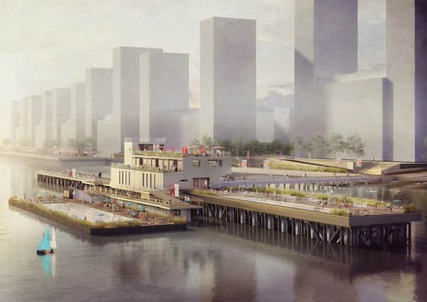 A computer-generated image of plans for a lido on the River Thames. Photo credit: Studio Octopi/ Picture Plane Ltd