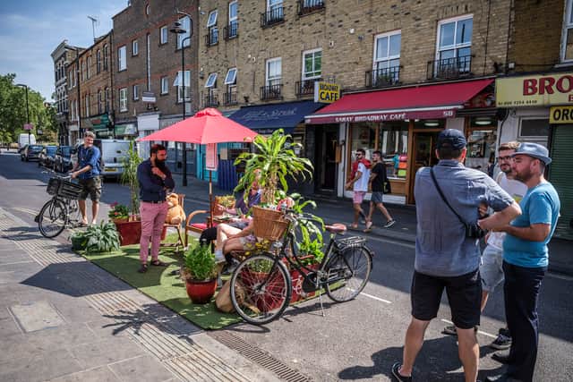 A parklet in Hackney, where the first in the UK was created. Credit: London Living Streets/jonchallicom