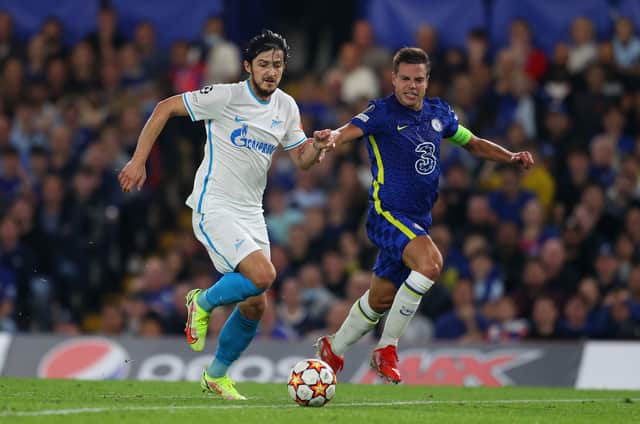  Sardar Azmoun of Zenit St. Petersburg and Cesar Azpilicueta of Chelsea battle for possession  (Photo by Catherine Ivill/Getty Images)