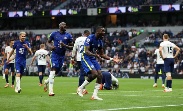 Antonio Ruediger of Chelsea celebrates after scoring their team’s third goal during the Premier League (Photo by Catherine Ivill/Getty Images)