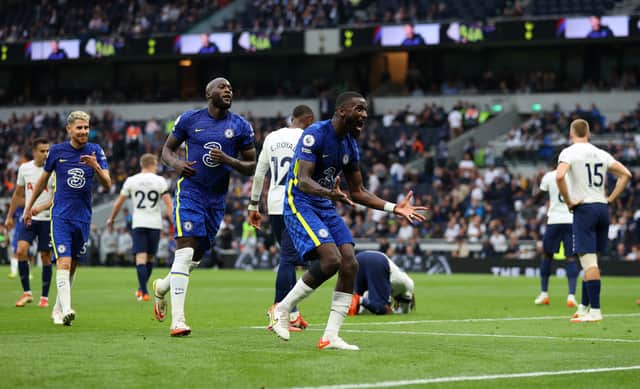 <p>Antonio Ruediger of Chelsea celebrates after scoring their team’s third goal during the Premier League (Photo by Catherine Ivill/Getty Images)</p>