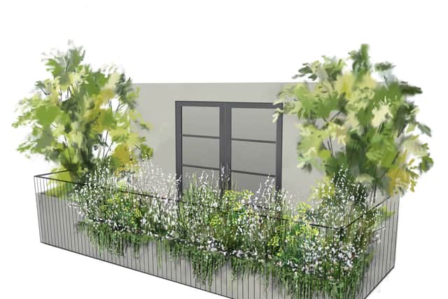 The design of Alexandra Noble’s Balcony of Bloom for the Chelsea Flower Show 2021. Credit: Alexandra Noble/Ben Wu-Holmes