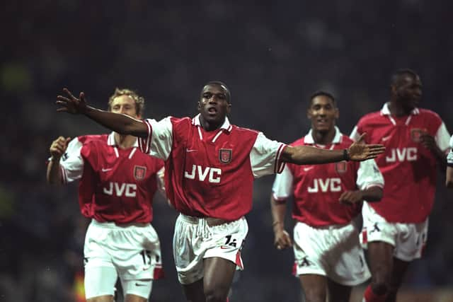 Arsenal striker Christopher Wreh celebrates scoring the winning goal during the match between Bolton Wanderers Credit: Ross Kinnaird /Allsport