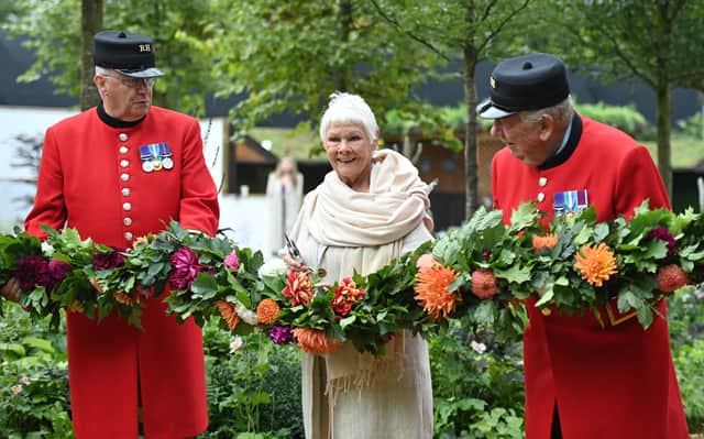 <p>Judi Dench reacts as she stands with Chelsea pensioners to open the Queen’s Garden display during the 2021 RHS Chelsea Flower Show. Credit: JUSTIN TALLIS/AFP via Getty Images</p>
