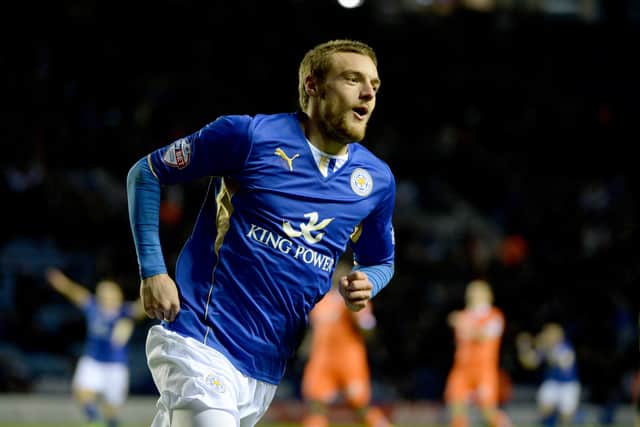 Jamie Vardy scores the first of two goals in the match between Leicester and Millwall in November 2013. Credit: Ross Kinnaird/Getty Images