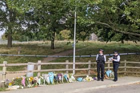 The police scene in Kidbrooke, where Sabina Nessa was killed. People have been leaving flowers in tribute. Credit: Lynn Rusk