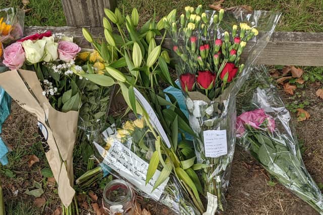 Flowers left for Sabina Nessa at the scene of the crime in Cator Park, Kidbrooke. Credit: Lynn Rusk