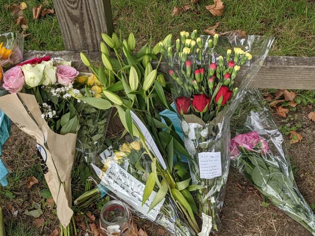 Flowers left for Sabina Nessa at the scene of the crime in Cator Park, Kidbrooke. Credit: Lynn Rusk