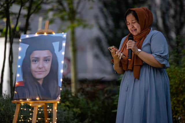 Jebina Yasmin Islam, Sabina Nessa’s sister, speaks at the first candlelight vigil (Photo by Rob Pinney/Getty Images)