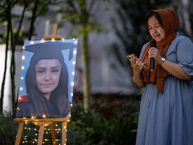 Jebina Yasmin Islam, Sabina Nessa’s sister, speaks at the candlelight vigil (Photo by Rob Pinney/Getty Images)