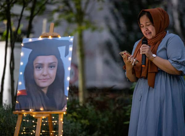 Jebina Yasmin Islam, Sabina Nessa’s sister, speaks at the candlelight vigil (Photo by Rob Pinney/Getty Images)