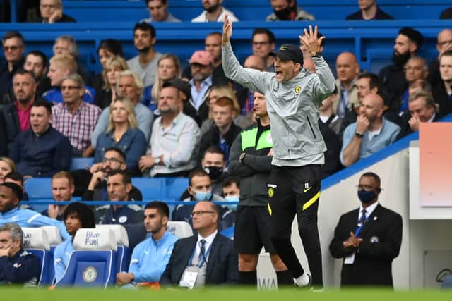Thomas Tuchel, Manager of Chelsea gives their team instructions  during the Premier League match (Photo by Shaun Botterill/Getty Images)