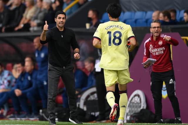 Arsenal coach Mikel Arteta reacts towards player Takehiro Tomiyasu during the Premier League match (Photo by Stu Forster/Getty Images)