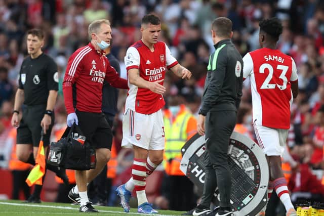Granit Xhaka of Arsenal reacts as he leaves the pitch after being substituted during the Premier League (Photo by Julian Finney/Getty Images)