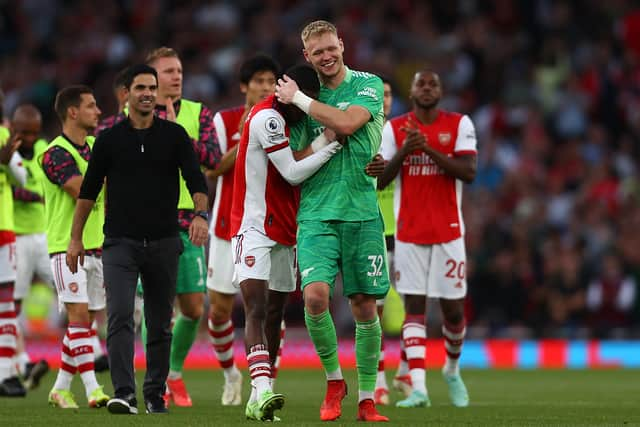  Ainsley Maitland-Niles and Aaron Ramsdale of Arsenal celebrate their side's victory (Photo by Clive Rose/Getty Images)