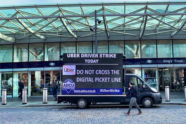 Uber drivers are striking in London today. Credit: ADCU