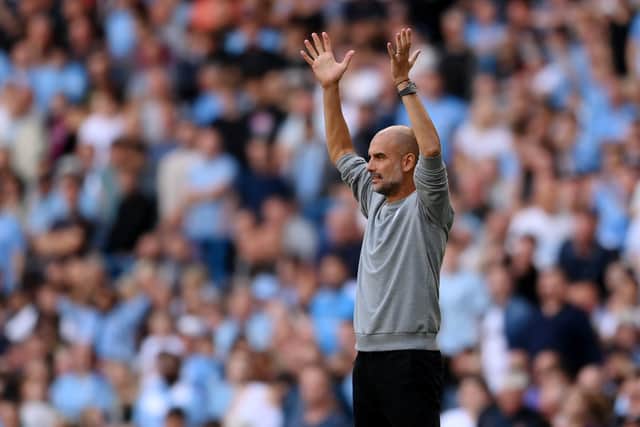 Pep Guardiola, Manager of Manchester City reacts during the Premier League match between Manchester City and Southampton (Photo by Laurence Griffiths/Getty Images)