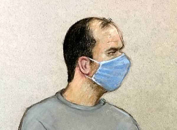 Artists impression of Koci Selamaj  appearing at Willesden Magistrates’ Court, this morning, September 28, 2021. Credit: Julia Quenzler / SWNS