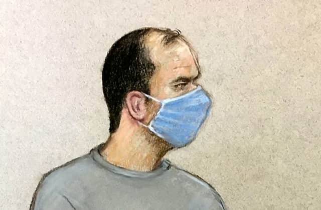 <p>Artists impression of Koci Selamaj  appearing at Willesden Magistrates’ Court, this morning, September 28, 2021. Credit: Julia Quenzler / SWNS</p>