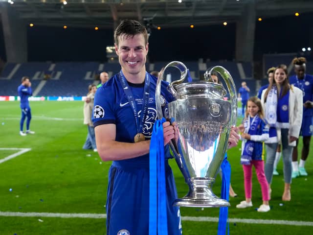 Cesar Azpilicueta of Chelsea celebrates with the Champions League Trophy (Photo by Manu Fernandez - Pool/Getty Images)