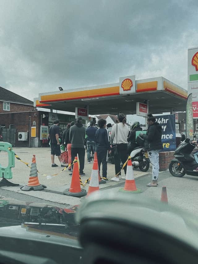 Queue for fuel in Kingsbury, northwest London. Credit: Lily Potkin / SWNS.com
