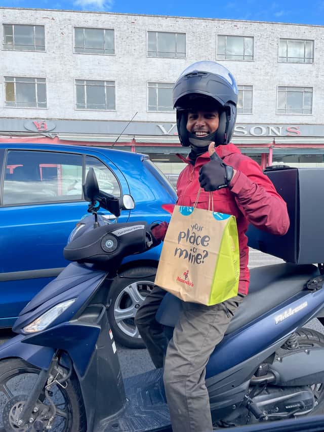 Deliveroo driver for Lily Potkin in the queue for fuel in Kingsbury, northwest London. Credit: Lily Potkin / SWNS.com