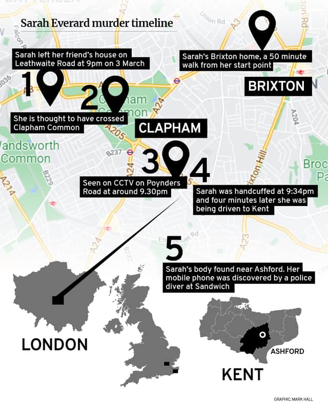 A timeline of Sarah Everard’s murder. Credit: Mark Hall