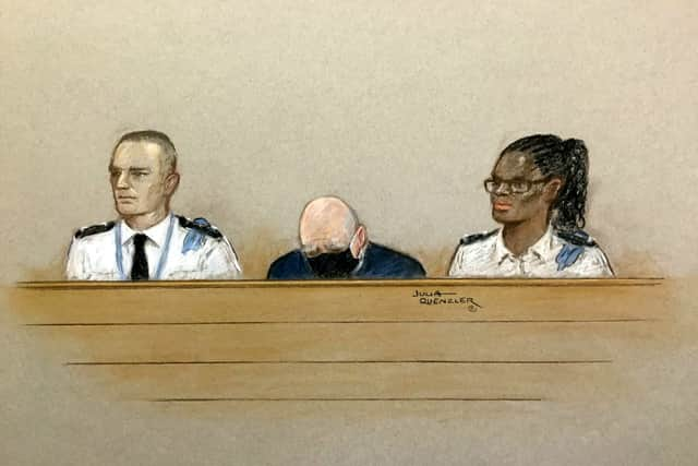 Artist impression of Wayne Couzens with his head bowed during the sentencing hearing at the Old Bailey, London.  Credit: Julia Quenzler / SWNS