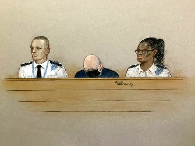 Artist impression of Wayne Couzens with his head bowed during the sentencing hearing at the Old Bailey, London.  Credit: Julia Quenzler / SWNS