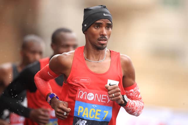Mo Farah of Great Britain runs as a pacer during the Elite Men’s race during the 2020 Virgin Money London Marathon. He is not running this year’s race due to injuring his foot. Photo by Adam Davy - Pool/Getty images