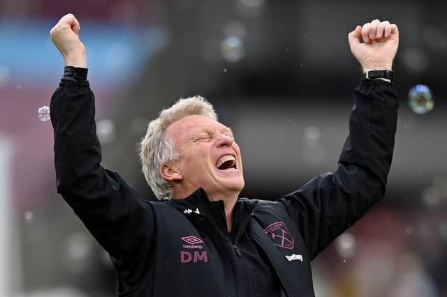 David Moyes, Manager of West Ham United celebrates following the Premier League match Photo by Justin Setterfield/Getty Images)