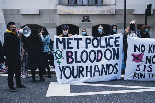 <p>Sisters Uncut protesting outside the Old Bailey as Wayne Couzens is sentenced to a full-life tariff for Sarah Everard’s murder. Credit: Sisters Uncut</p>
