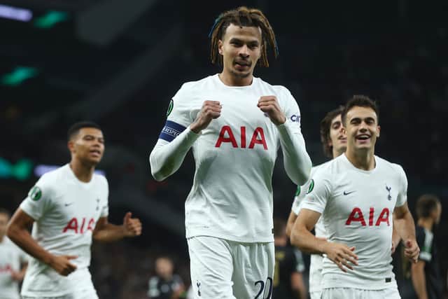 Dele Alli of Tottenham Hotspur celebrates after scoring their side’s first goal during the UEFA Europa Conference League (Photo by Clive Rose/Getty Images)