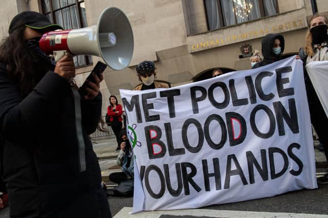 Feminist group Sisters Uncut protest outside the central criminal court as convicted killer and rapist, Wayne Couzens, is sentenced to a full life sentence.