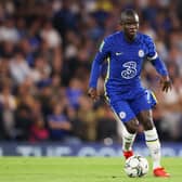 Ngolo Kante of Chelsea runs with the ball during the Carabao Cup Third Round (Photo by James Chance/Getty Images)