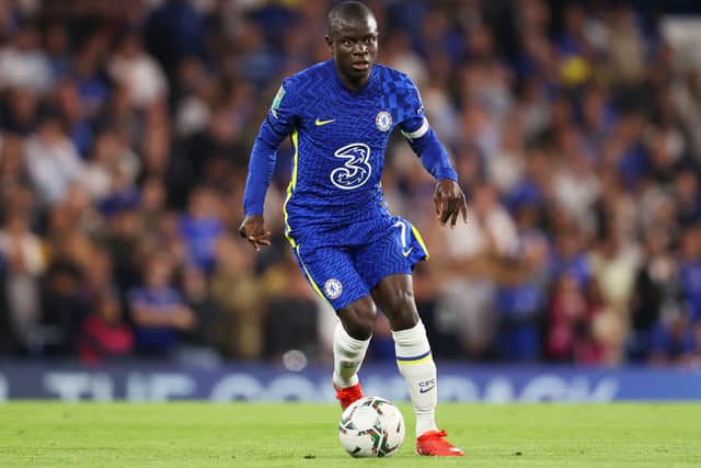 Ngolo Kante of Chelsea runs with the ball during the Carabao Cup Third Round (Photo by James Chance/Getty Images)